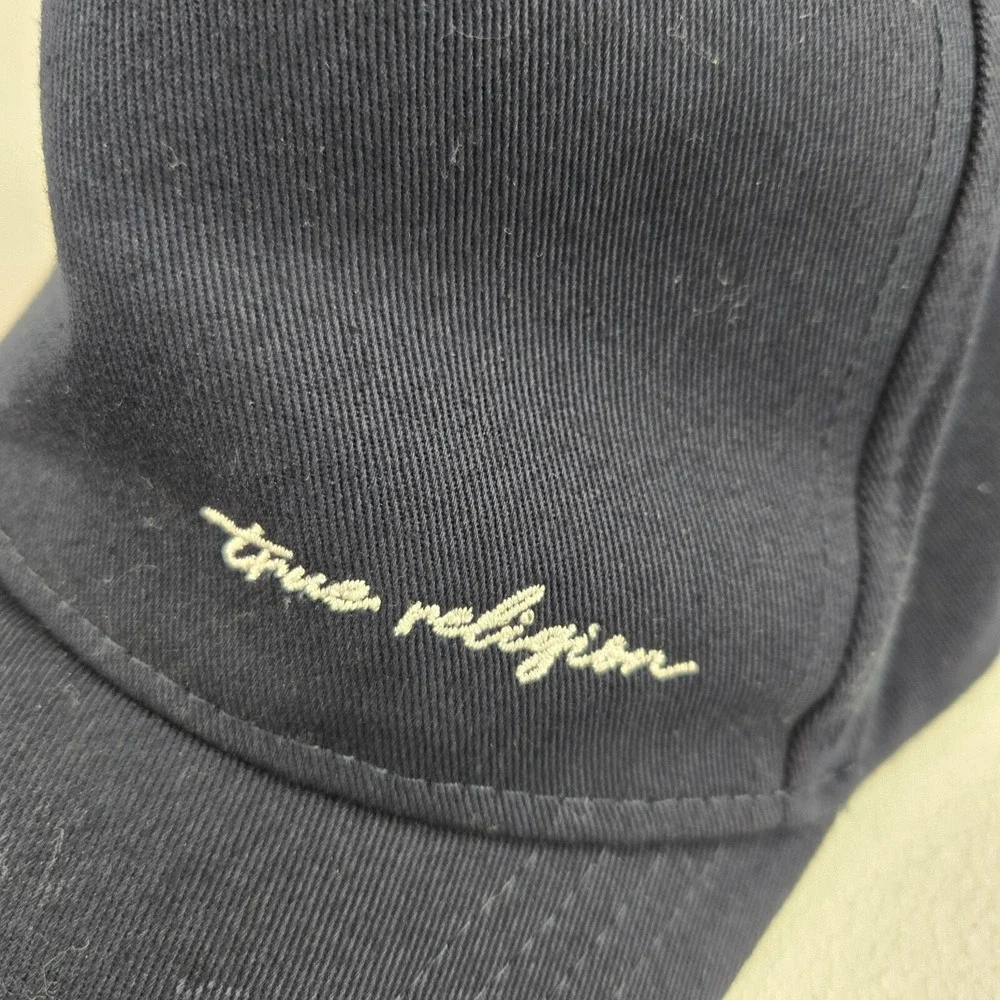 True Religion Men Hat OS Blue Embroidered Script‎ Logo Snapback Cap